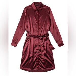 Elegant Burgundy Satin Shirt Dress with Waist Tie | OS